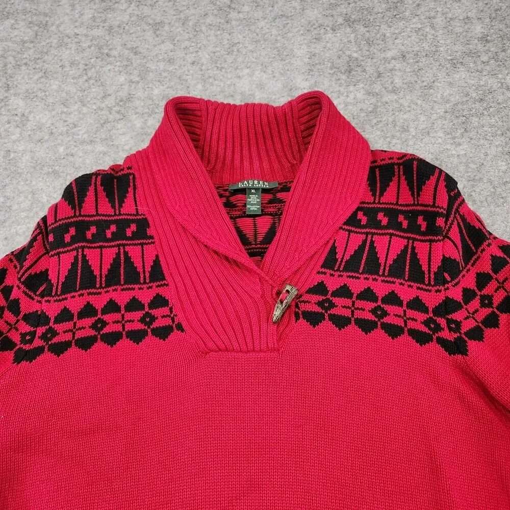 Ralph Lauren LRL Women XL Cotton Knit Shawl Collar Aztec Nordic Pullover Sweater